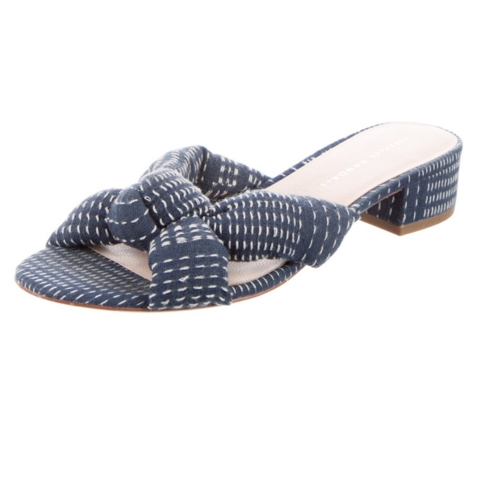 Loeffler Randall Denim Printed Slides Knotted Block Heel Sandals Size 7.5